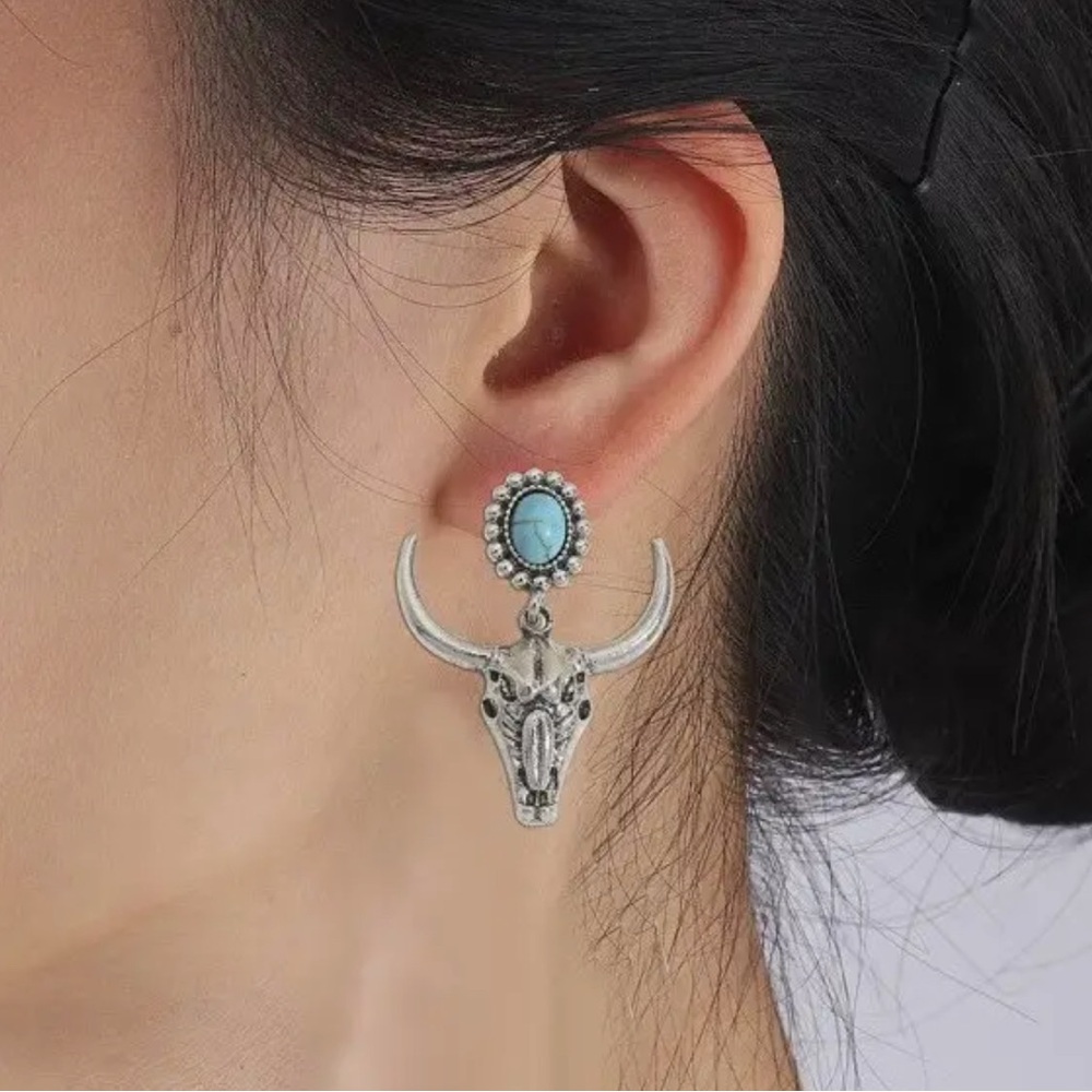 Silver Western Cattle Skull Turquoise Drop Earrings